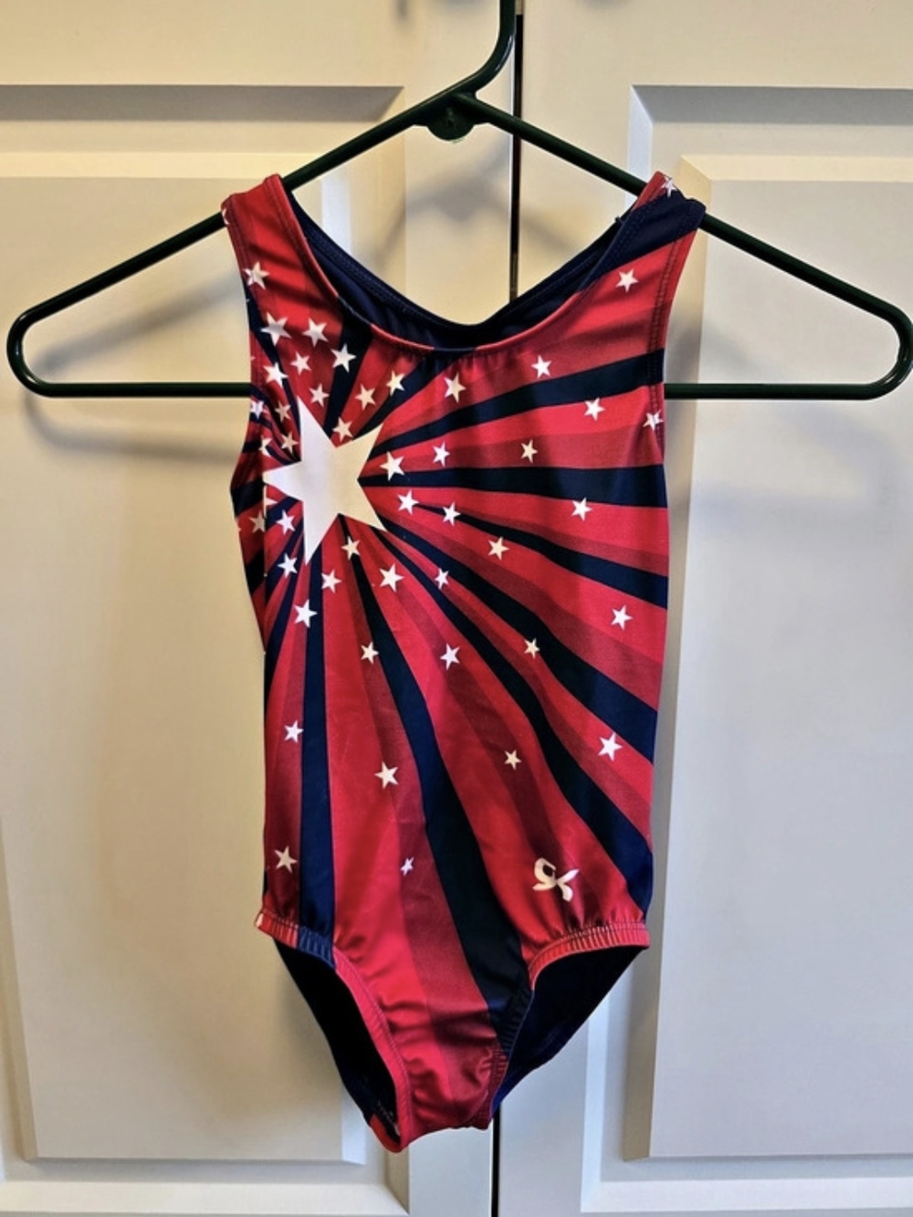 GK Elite Gymnastics Leotard Stellar Swirl Tank USA Stars CM Red White Blue